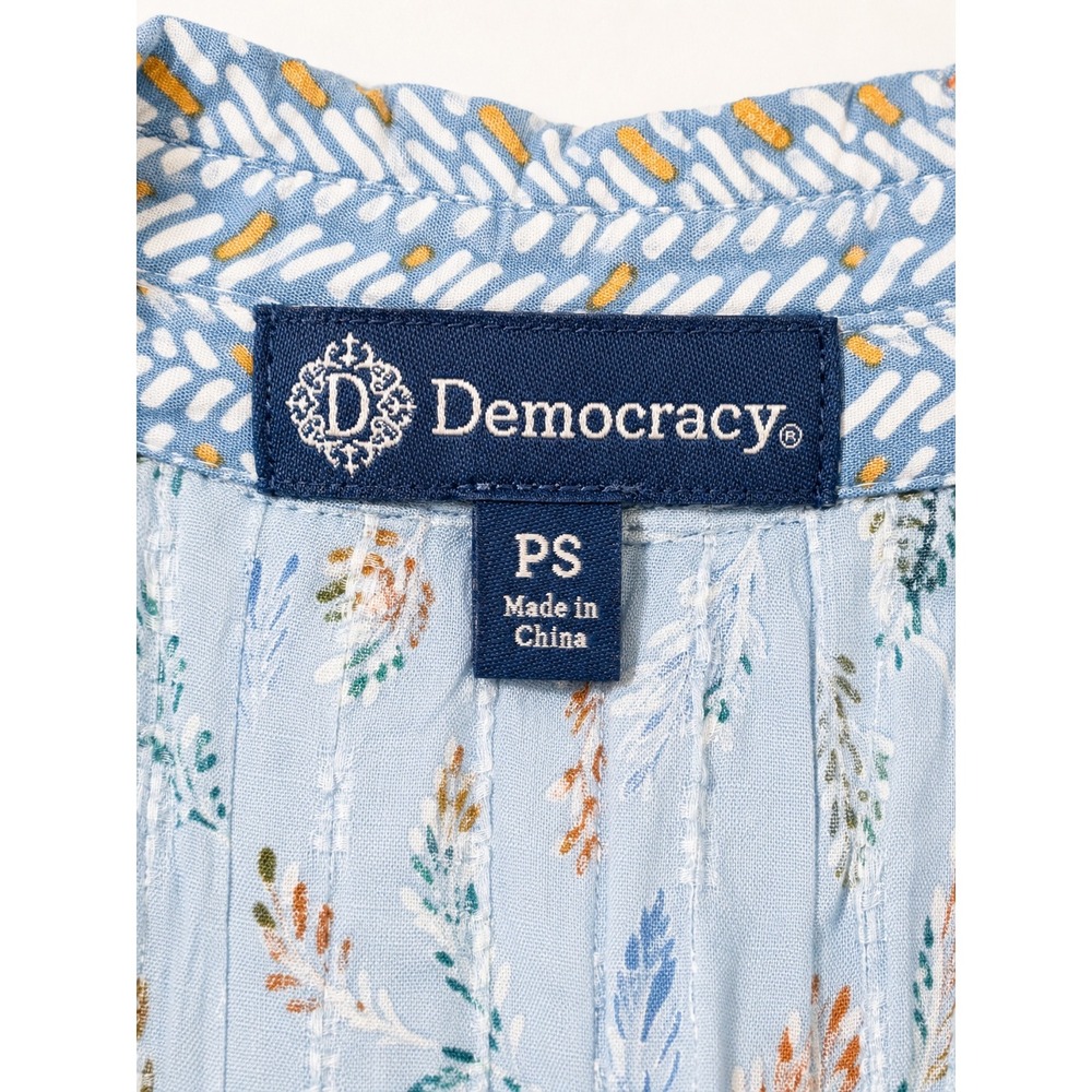 Democracy Blue Floral Pintuck Button Front Rayon Blouse Smocked Sleeve Small P - Picture 5 of 6